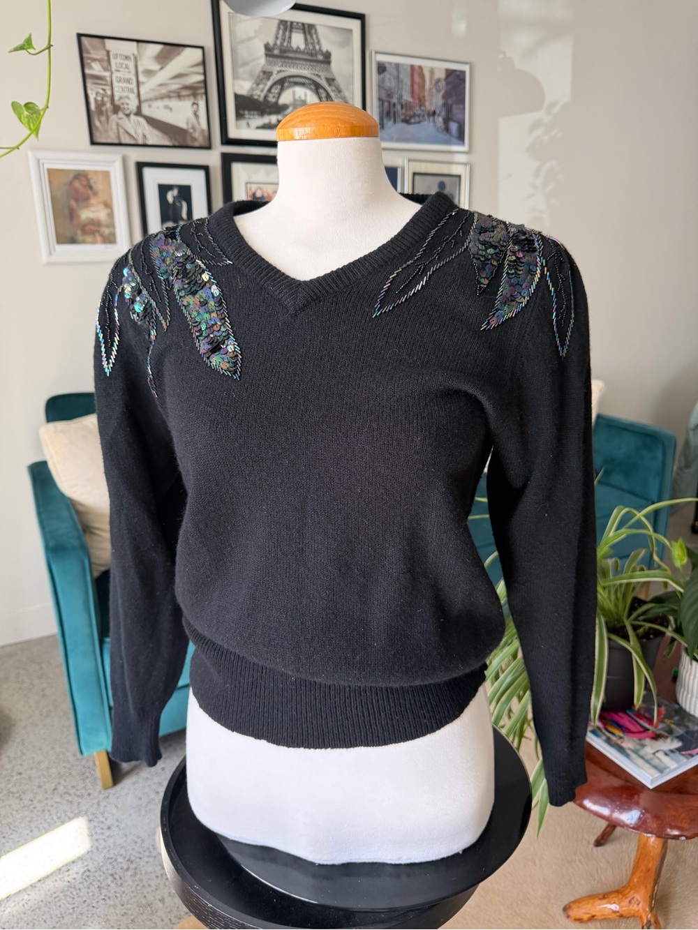 Black V‑Neck Sweater with Iridescent Sequin Feather Details